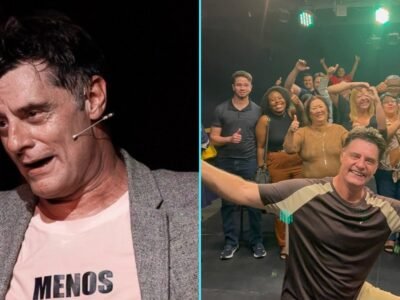 Montagem: Renato Scarpin em cena no palco, de microfone headset, e ele de braços abertos ao lado de um grupo de espectadores no palco