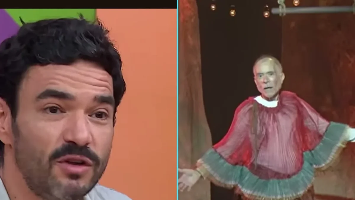Montagem com Caio Blat falando em estúdio de TV e Ricardo Blat de figurino vermelho no palco