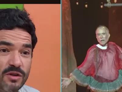 Montagem com Caio Blat falando em estúdio de TV e Ricardo Blat de figurino vermelho no palco