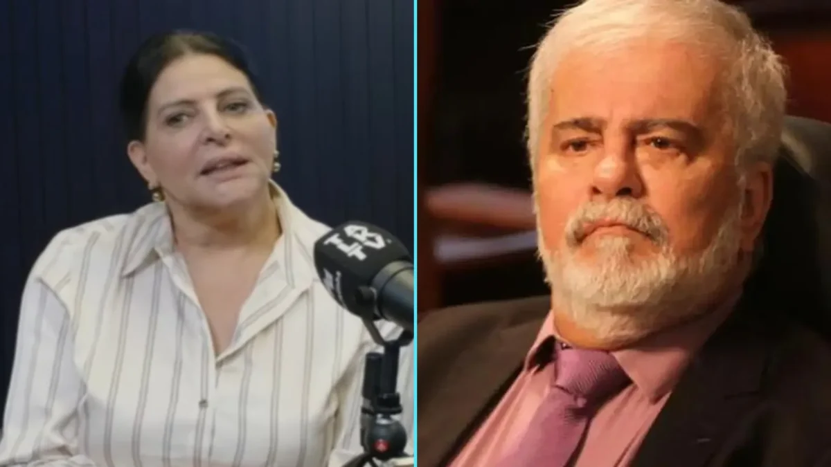 Montagem com Sônia Lima durante entrevista, de camisa listrada, e Wagner Montes de terno, sentado
