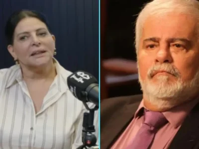 Montagem com Sônia Lima durante entrevista, de camisa listrada, e Wagner Montes de terno, sentado
