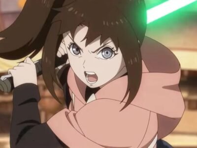 Kara, protagonista do anime Star Wars: A Nona Jedi, empunha um sabre de luz verde