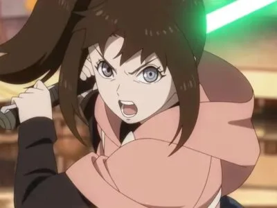 Kara, protagonista do anime Star Wars: A Nona Jedi, empunha um sabre de luz verde