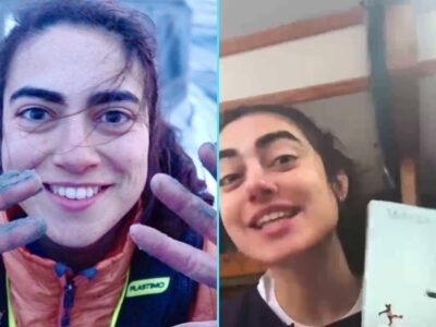 Montagem com Tamara Klink sorrindo no veleiro, de mãos sujas de tinta, e ela segurando o livro “Bom dia, inverno” diante da câmera