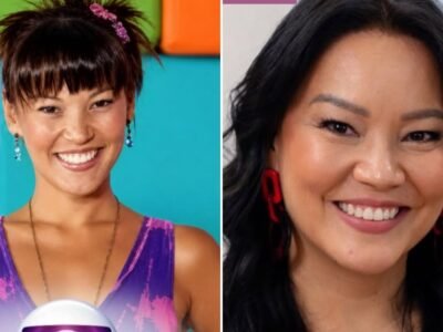 Montagem com Geovanna Tominaga jovem no cenario colorido da TV Globinho e a apresentadora hoje, de blusa jeans