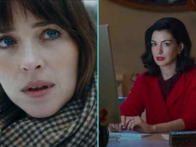 Montagem com Dakota Johnson de cachecol xadrez e Anne Hathaway de blazer vermelho em cenas de Verity