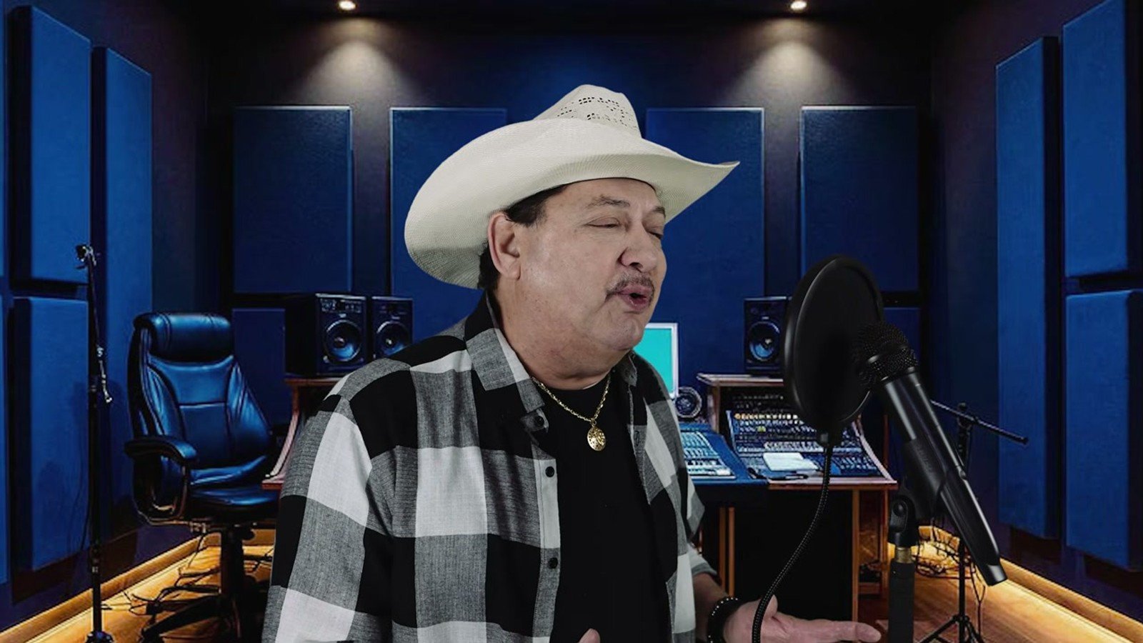 Lucas de chapeu branco e camisa xadrez cantando diante do microfone num estudio