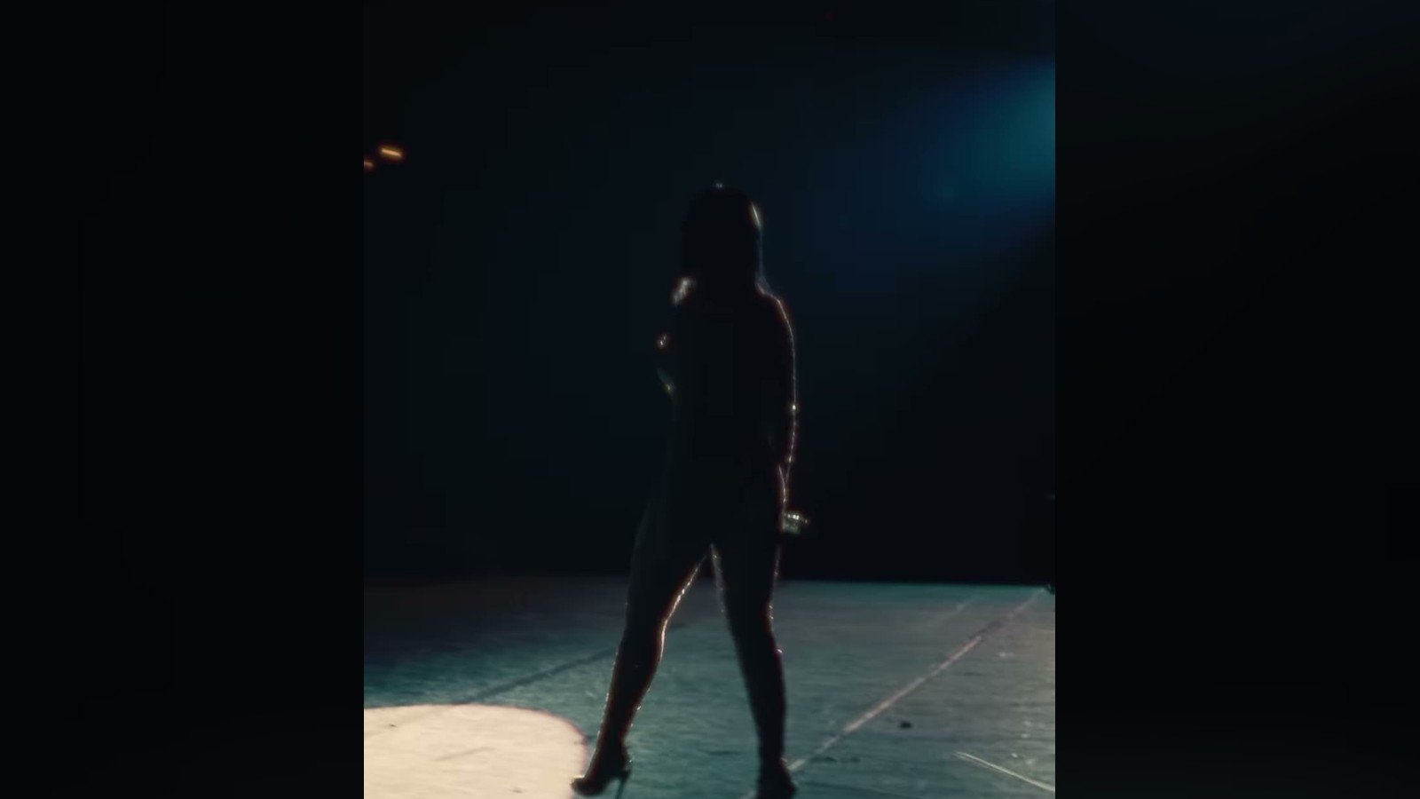 Simaria em pe no palco escuro, com a sombra projetada no chao