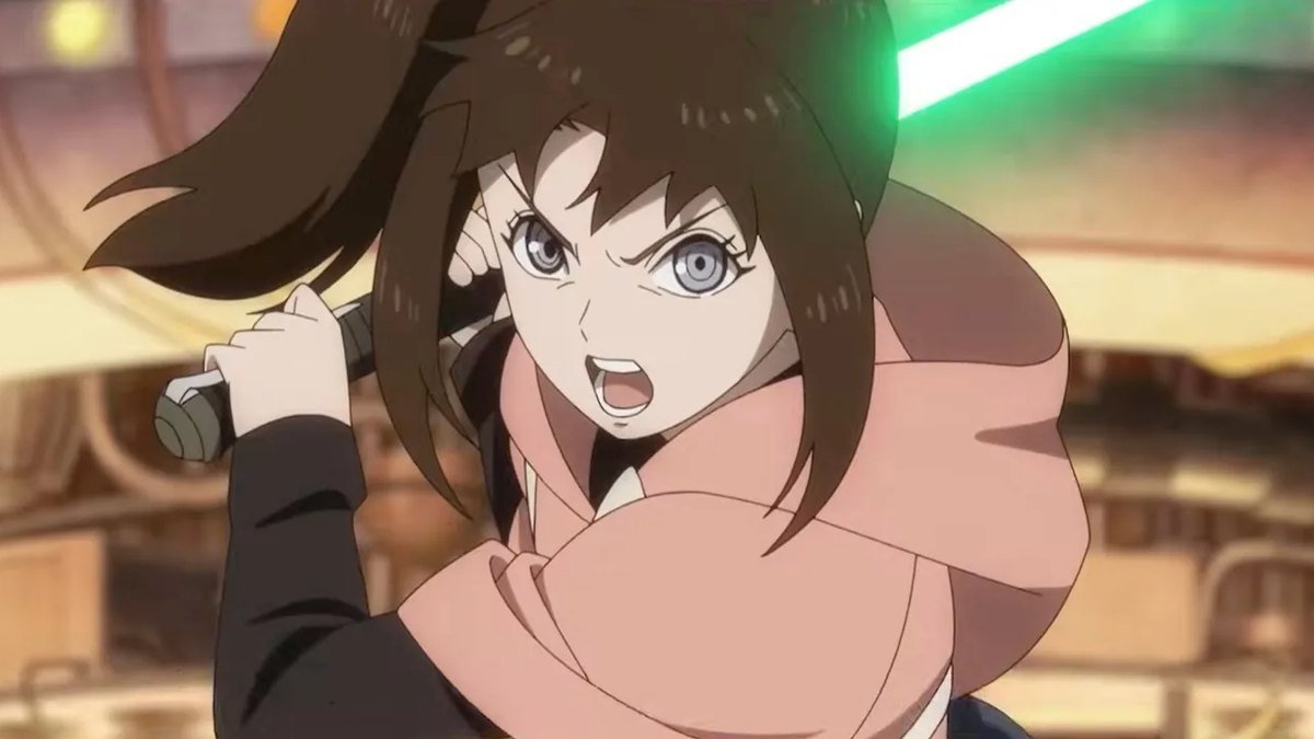 Kara grita empunhando o sabre de luz verde.