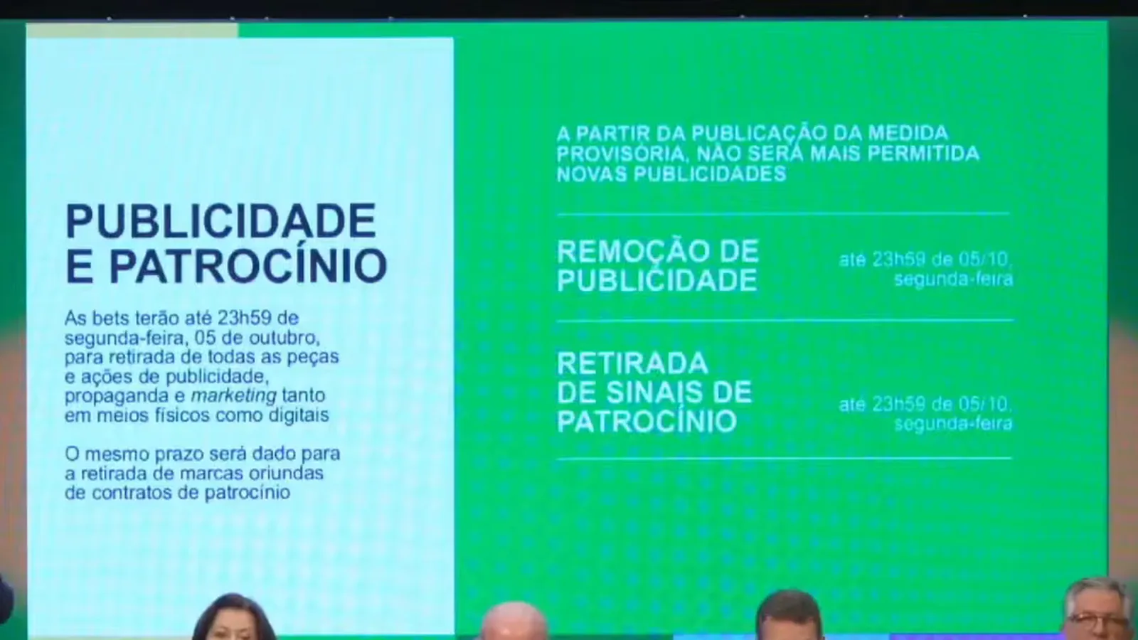 Slide do governo federal sobre publicidade e patrocínio de bets, com prazo até 23h59 de 5 de outubro para retirada de anúncios e marcas