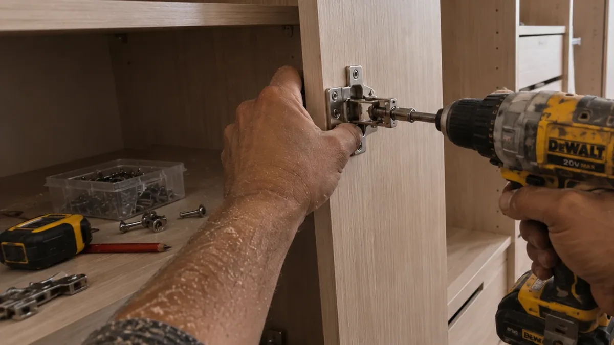 Mãos instalando uma dobradiça na porta de um armário planejado com uma parafusadeira, com a ferramenta e a peça no quadro