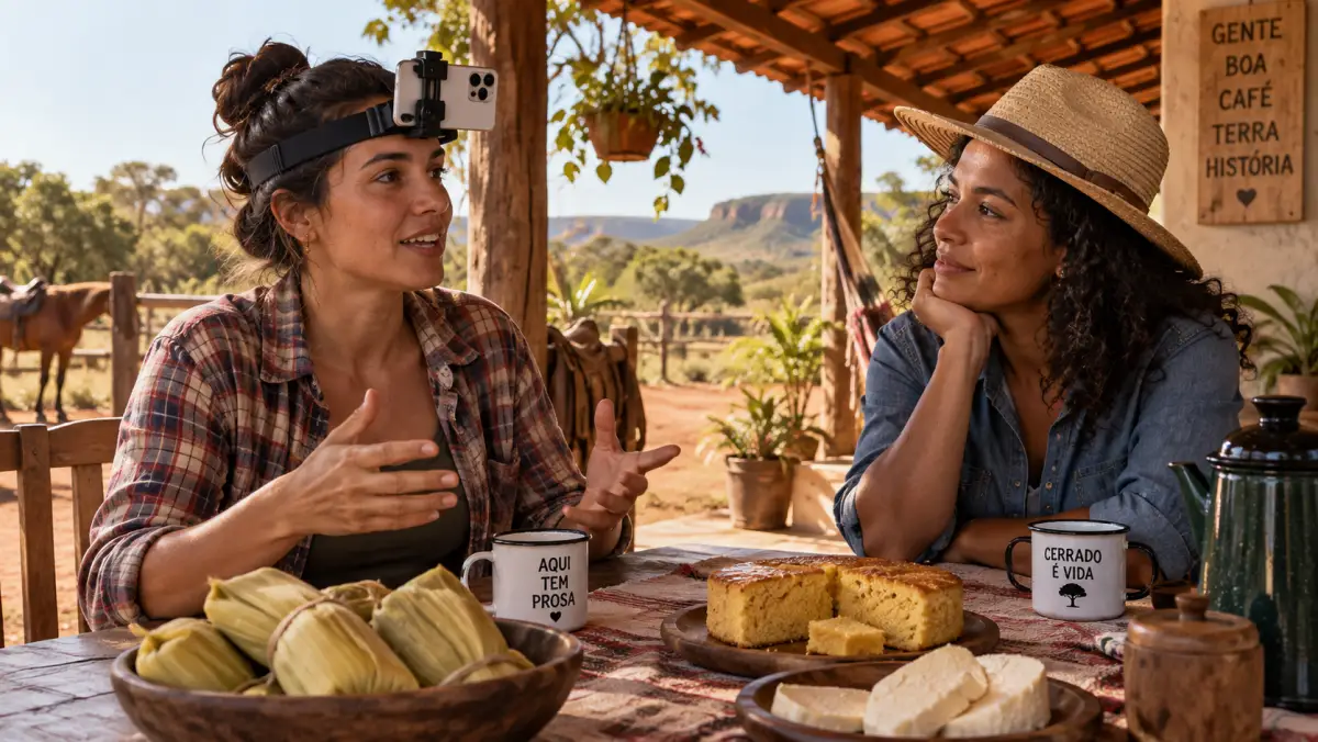 Duas mulheres conversando na varanda de uma casa de campo, uma delas com o celular preso à testa por uma faixa, com café e bolo na mesa