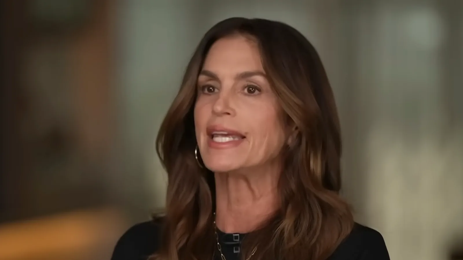 Cindy Crawford, de cabelo castanho comprido e blusa preta, fala durante uma entrevista