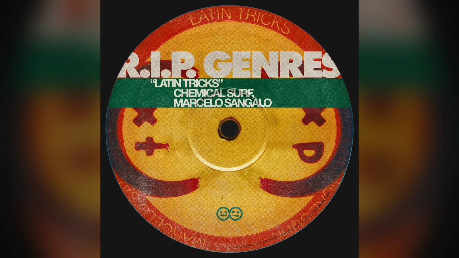 Capa do single Latin Tricks, um disco amarelo e vermelho com os nomes Chemical Surf e Marcelo Sangalo