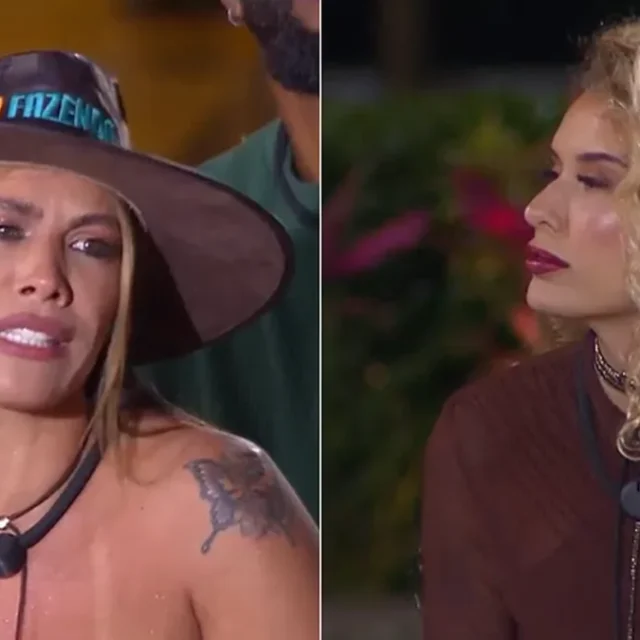 Fran Almeida, a primeira Fazendeira, e Stephanie na dinâmica em que Fran disse que ela seria o alvo da roça. Reprodução/Record