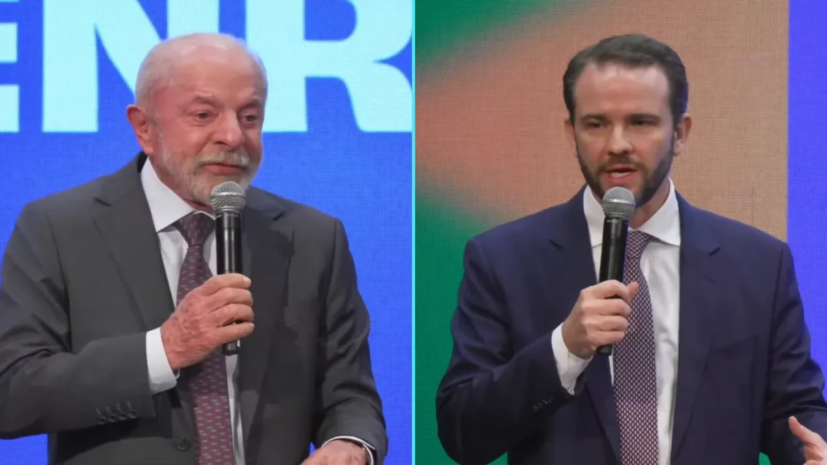 Montagem com Lula, de terno cinza e microfone na mão, à esquerda, e o ministro da Fazenda, Dario Durigan, de terno azul, à direita, no anúncio do fim das bets