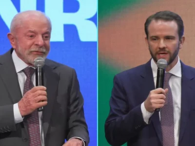 Montagem com Lula, de terno cinza e microfone na mão, à esquerda, e o ministro da Fazenda, Dario Durigan, de terno azul, à direita, no anúncio do fim das bets