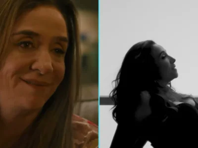 Marisa Orth sorrindo em close, ao lado da silhueta dela em preto e branco na imagem de divulgação da Amasso