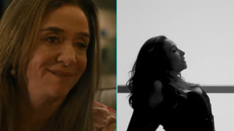 Marisa Orth sorrindo em close, ao lado da silhueta dela em preto e branco na imagem de divulgação da Amasso