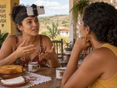 Duas mulheres conversando na varanda de uma casa, uma delas com o celular preso à testa por uma faixa de cabeça