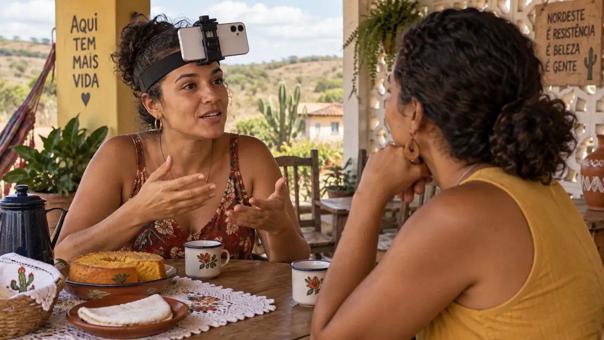 Duas mulheres conversando na varanda de uma casa, uma delas com o celular preso à testa por uma faixa de cabeça
