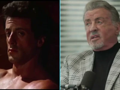 Sylvester Stallone sem camisa em Rocky III, de 1982, ao lado dele aos 80 anos, de paletó xadrez, na entrevista ao podcast The Interview
