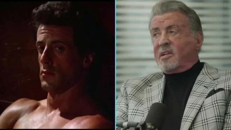 Sylvester Stallone sem camisa em Rocky III, de 1982, ao lado dele aos 80 anos, de paletó xadrez, na entrevista ao podcast The Interview