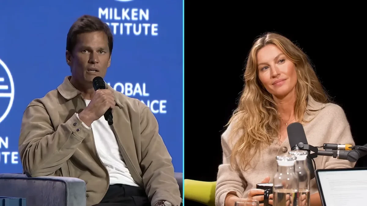 Montagem com Tom Brady, de jaqueta bege e microfone na mão, à esquerda, e Gisele Bündchen, de suéter claro, sorrindo num estúdio escuro, à direita