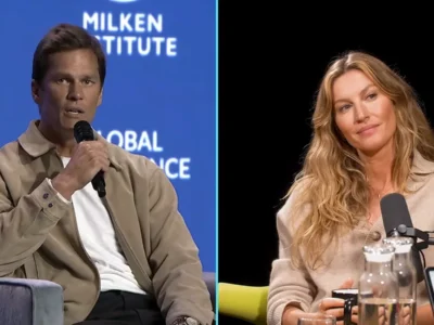 Montagem com Tom Brady, de jaqueta bege e microfone na mão, à esquerda, e Gisele Bündchen, de suéter claro, sorrindo num estúdio escuro, à direita
